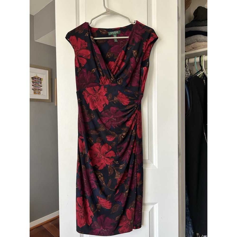 Lauren Ralph Lauren Ruched Waist Red Purple Jersey Social Sheath Dress Size 4